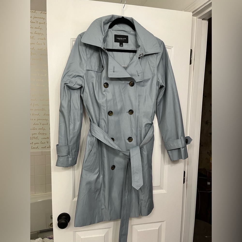 London Fog Powder Blue Hooded Trench Coat - L